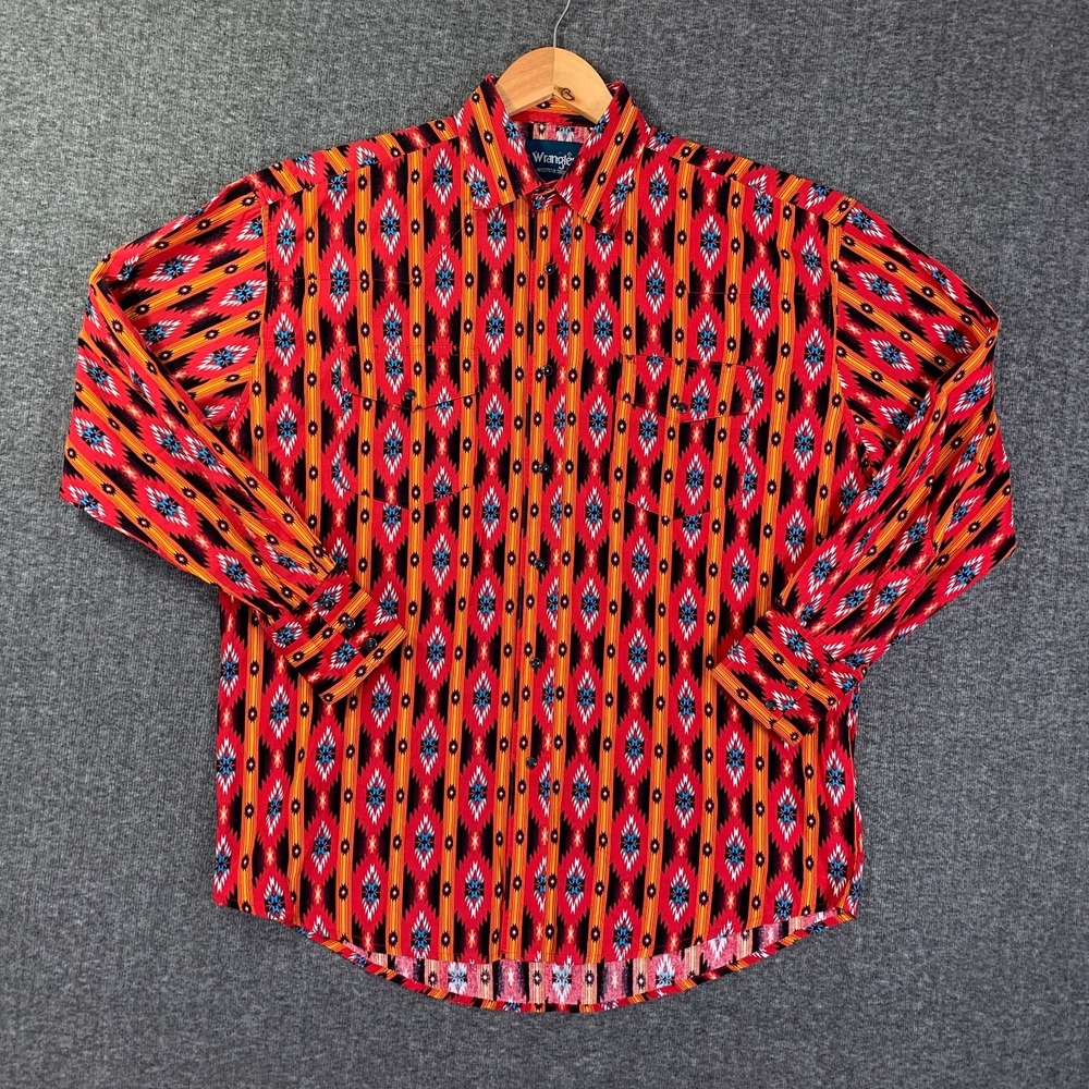 VTG Wrangler Pearl Snap Shirt Men Large Aztec Navajo Western Ranch Cowboy Gaucho